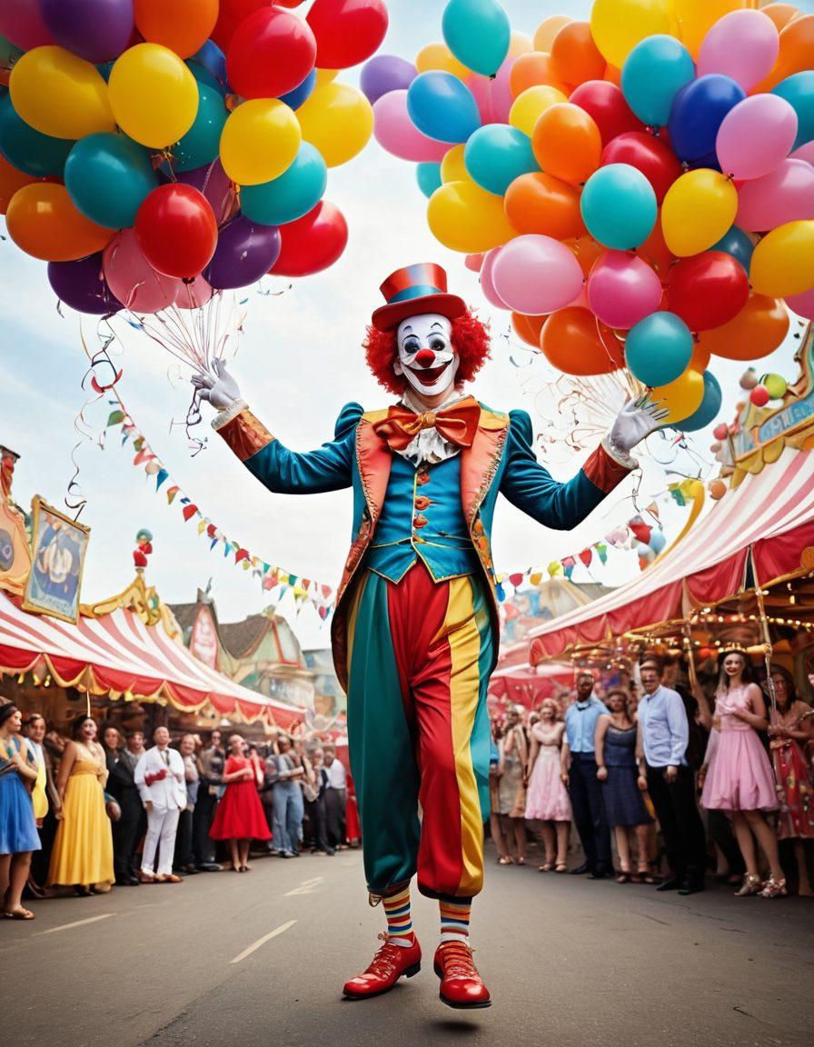 A whimsical and playful scene featuring a colorful carnival atmosphere with laughter and lighthearted chaos. Include quirky performers like clowns and acrobats, surrounded by vibrant decorations and humorous subtle hints of risqué elements. The setting should feel energetic and upbeat, inviting the viewer to explore the comedic side of fun. Capture a blend of fantasy and reality, with a touch of cheeky humor. vivid colors, cartoonish style, lively atmosphere.