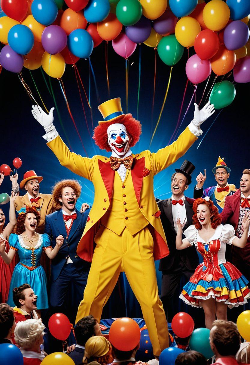 A vibrant collage of various forms of entertainment, including a comedy stage with a stand-up comedian, colorful balloons, playful cartoon characters laughing, and a whimsical circus setup with clowns and juggling acts. The scene should radiate joy and energy, filled with dynamic movement and bright colors that evoke laughter and fun. super-realistic. vibrant colors. 3D.