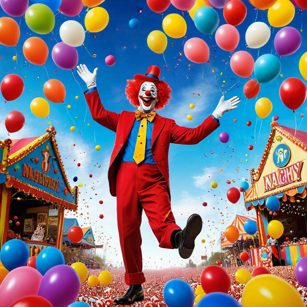 A whimsical scene featuring a colorful, exaggerated clown juggling playful, naughty items like rubber chickens and whoopee cushions, set against a vibrant carnival backdrop filled with laughter and joy. Add a touch of comedic flair with oversized props and bright confetti falling from the sky, reflecting the theme of naughty entertainment. cartoonish style. vibrant colors. playful atmosphere.
